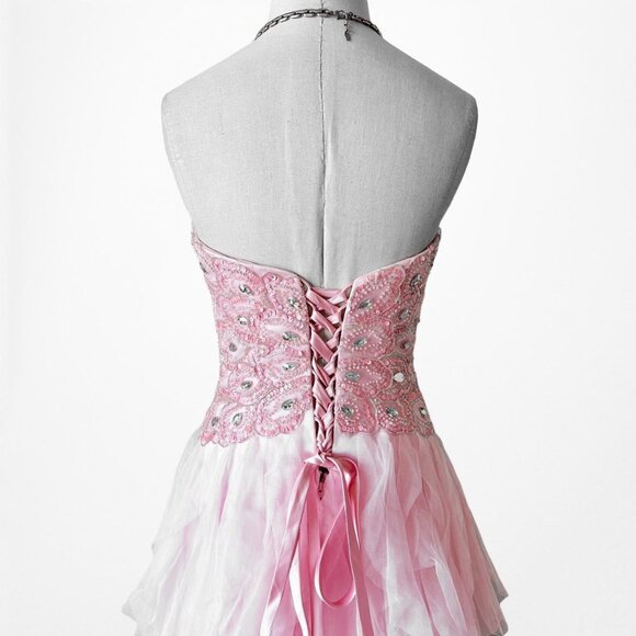 Vintage Pastel Pink Strapless Beaded Ruffle Fit Flared Formal Prom Dress Size M - Picture 7 of 8